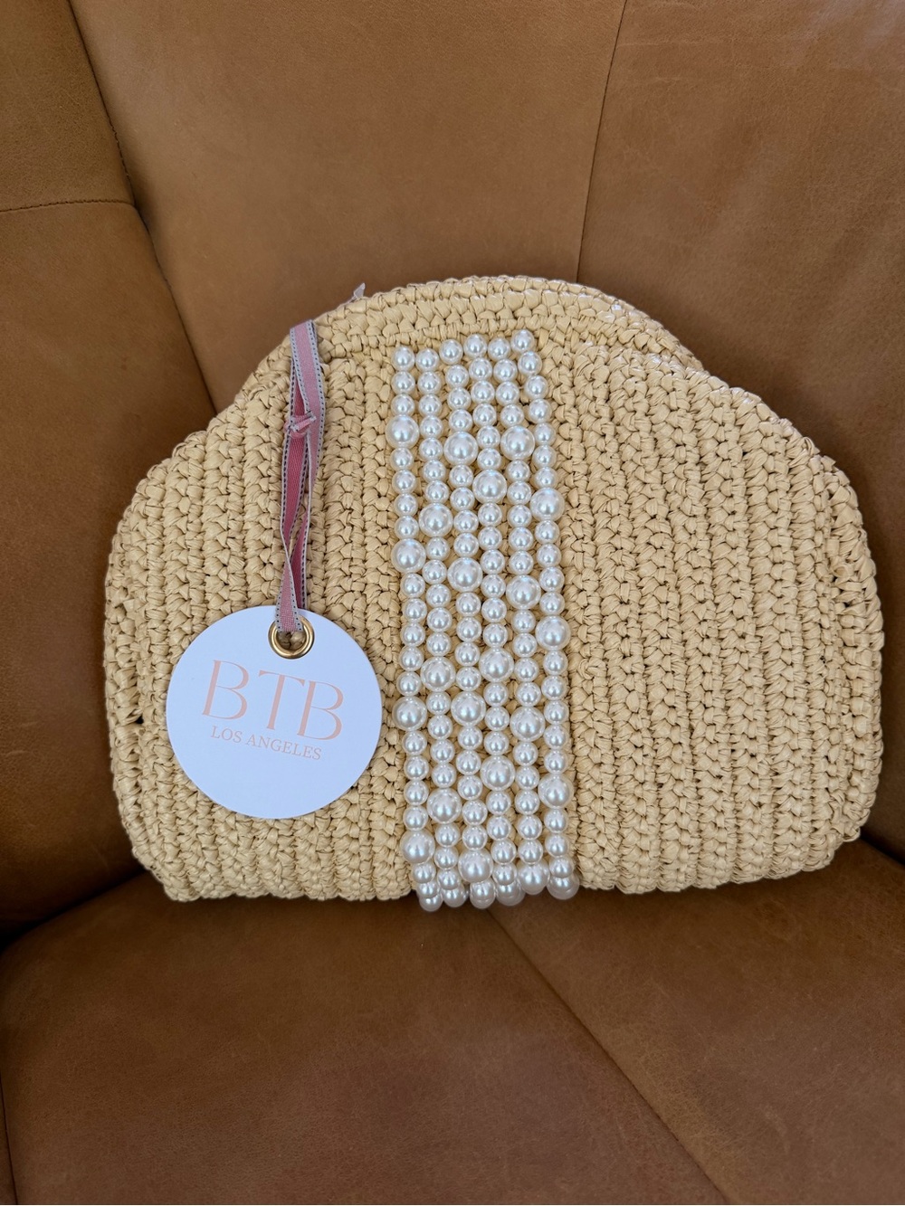 BTB Los Angeles Cream Woven Clutch with Pearl Accent
